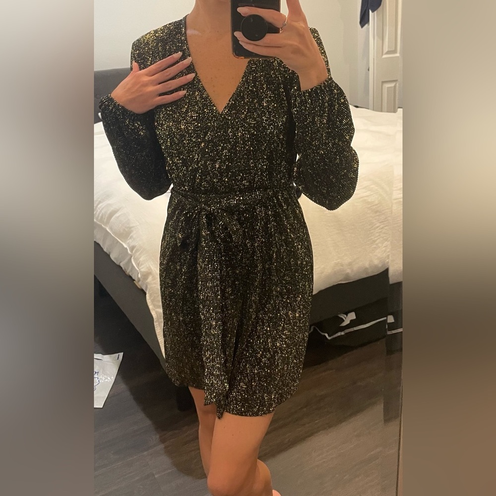 Gold and black plisse wrap dress